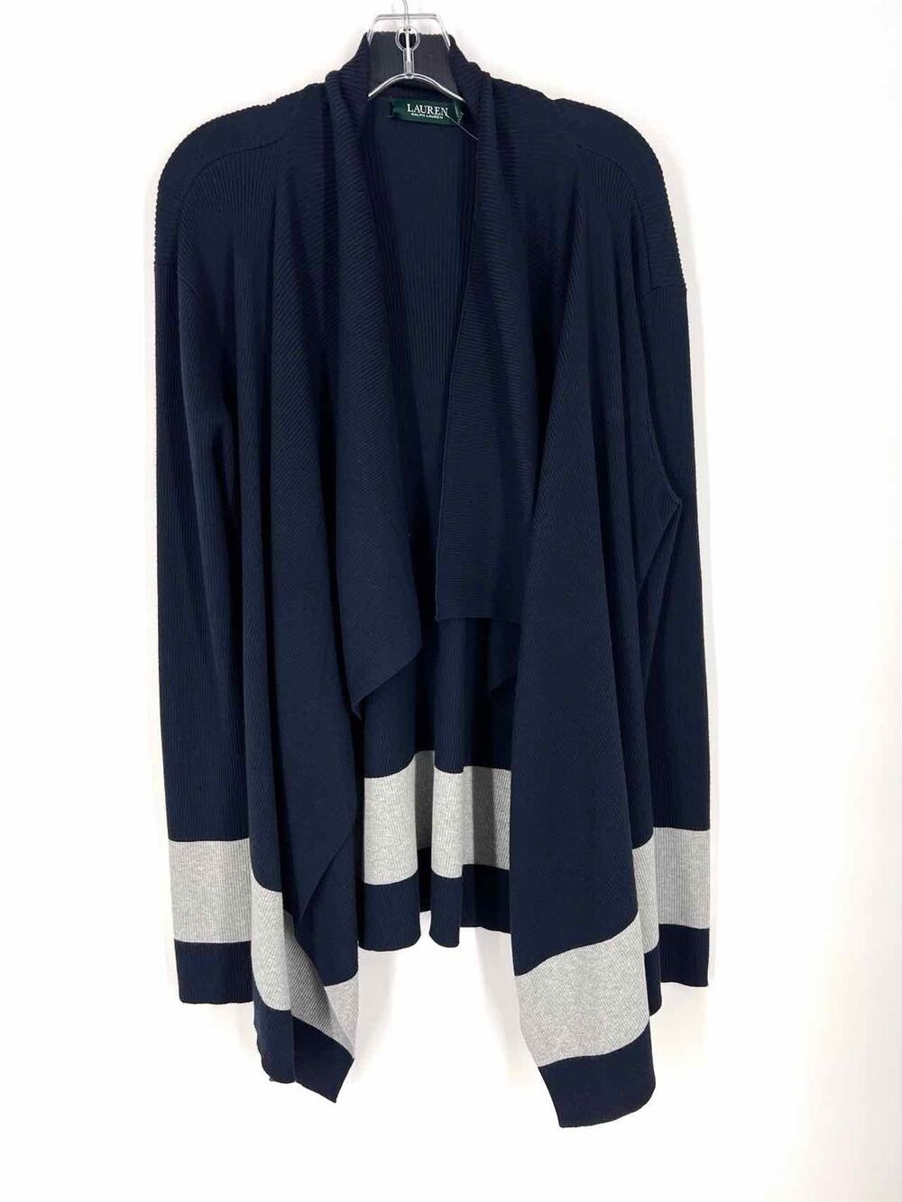 Lauren Ralph Lauren Size XL Navy/Gray Ribbed Stripe Designer Cardigan